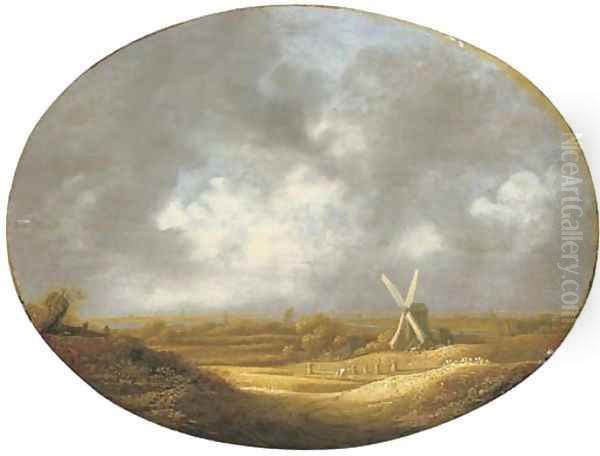 An extensive landscape with peasants harvesting wheat by a windmill, an estuary beyond - view 1