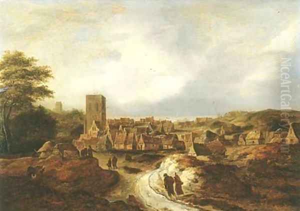 A view of Egmond aan Zee, with travellers on a track approaching the village - view 1