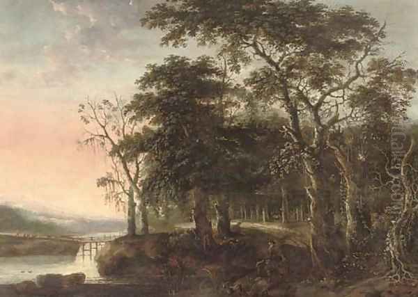A wooded river landscape with a herdsman on a donkey and a flock of goats on a track - view 1