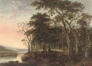 A wooded river landscape with a herdsman on a donkey and a flock of goats on a track