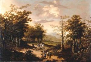 An extensive wooded landscape with travellers on a path by School Of Haarlem