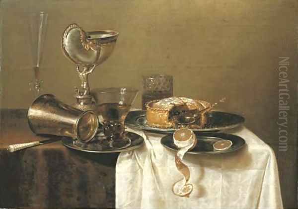 An overturned silver tumbler and a roemer on a pewter plate, a facon-de-Venise wineglass, a nautilus cup, a pie and a partly-peeled lemon - view 1