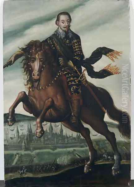 Portrait of Gustavus Adolphus II King of Sweden on horseback in the Battle of Stralsund - view 1