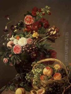 Still Life with Flowers and Fruits in a Basket by Jeanne Marie Josephine Hellemans