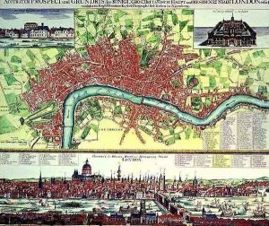 Aerial Map of London and View across the Thames from South Bank with St Pauls and London Bridge by Johann Baptist Homann