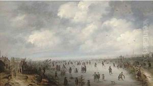A frozen winter landscape with skaters by Robert van den Hoecke