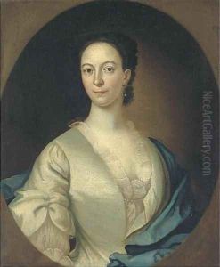 Portrait of a lady, bust-length, in a white dress and blue wrap, feigned oval