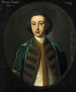 Portrait of Henry Knight aged 14, half-length, in a gold embroidered blue coat and white waistcoat, feigned oval by Joseph Highmore