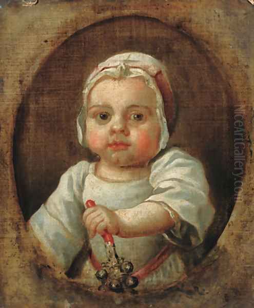 Portrait of a child, traditionally identified as Anne Strode, bust-length, in white dress and bonnet, holding a rattle in her left hand - view 1
