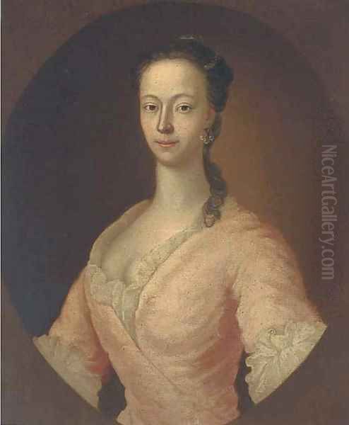 Portrait of a lady, bust-length, in a pink dress and pearl earring, feigned oval - view 1