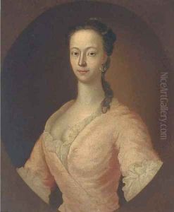 Portrait of a lady, bust-length, in a pink dress and pearl earring, feigned oval