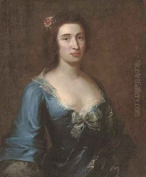 Portrait of a lady, half-length, in a blue dress with lace trim and a bow, flowers in her hair - view 1
