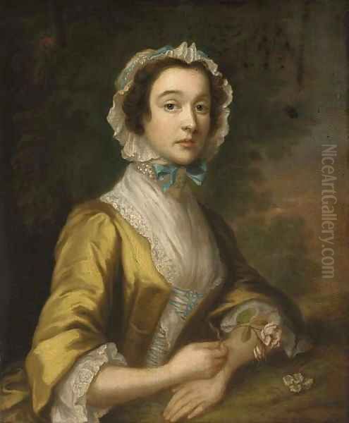 Portrait of a lady, half-length, in a yellow dress and blue-ribboned lace bonnet, holding a rose, in a landscape - view 1