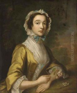 Portrait of a lady, half-length, in a yellow dress and blue-ribboned lace bonnet, holding a rose, in a landscape by Joseph Highmore