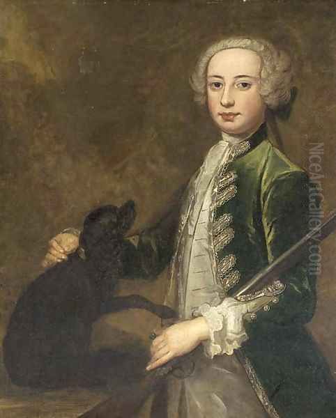 Portrait of a young gentleman, three-quarter-length, in a green coat, holding a gun, with a spaniel - view 1