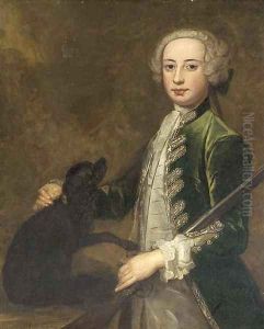 Portrait of a young gentleman, three-quarter-length, in a green coat, holding a gun, with a spaniel Portrait of a young gentleman, three-quarter-length, in a green coat, holding a gun, with a spaniel