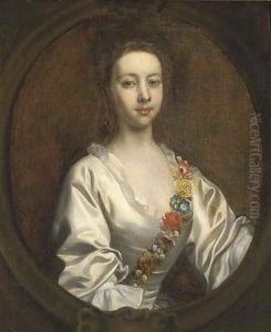 Portrait of Lucia Blithe, bust-length, in a white dress and flower garland, in a feigned cartouche by Joseph Highmore