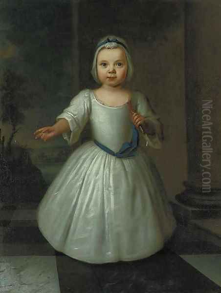 Portrait of Miss D'Aranda as a child, full-length, in a white dress with a blue sash and white bonnet, holding a coral tipped toy in her left hand - view 1