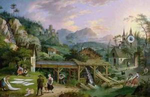 Picture Clock with scene of an Alpine village landscape with clock mechanism in church tower