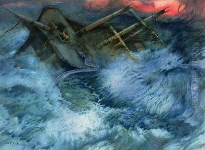Wrecked Ship with Sea Serpent and Tigers