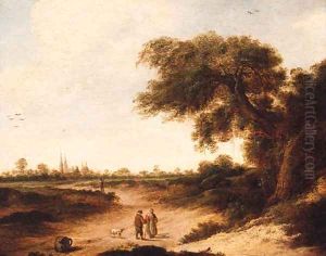 A landscape with a couple on a sandy track, a church beyond by Jan Vermeer Of Haarlem