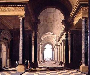 Architectural fantasy with figures by Gerrit Houckgeest