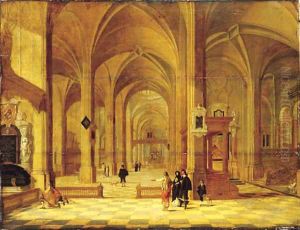 The interior of a church looking east, with elegant company in the foreground by Gerrit Houckgeest