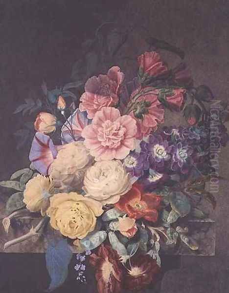 Hollyhocks and roses - view 1