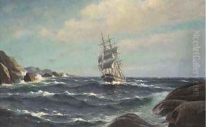 Near the coast in rough seas