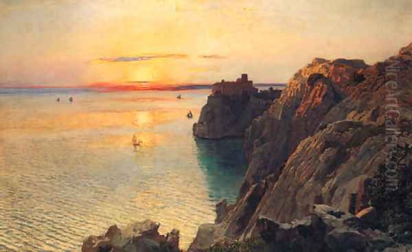 A Coastal Landscape With A Castle At Sunset, Trieste - view 1