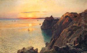 A Coastal Landscape With A Castle At Sunset, Trieste by Anton Hlavacek