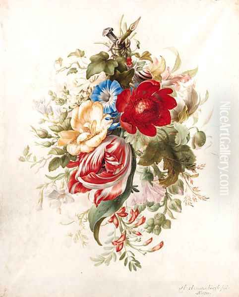 A spray of flowers, including a tulip, roses, poppies, morning glory, a hollyhock and ivy attached to a nail, with a snail and ants - view 1