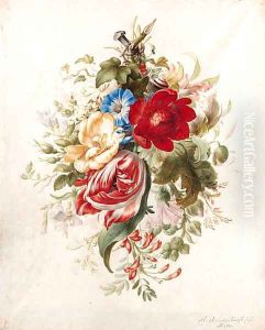 A spray of flowers, including a tulip, roses, poppies, morning glory, a hollyhock and ivy attached to a nail, with a snail and ants by Herman Henstenburgh