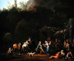 Cavernous Landscape with Peasants by or Huchtenburgh, Jan van Huchtenberg