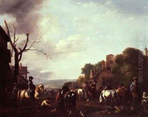 Horsemen and Travellers halted in a village by or Huchtenburgh, Jan van Huchtenberg