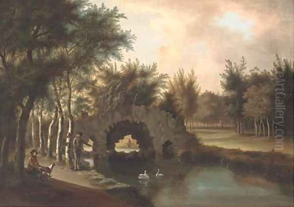 Sportsmen by a river in a wooded landscape - view 1
