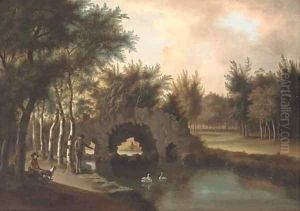 Sportsmen by a river in a wooded landscape by Paul Huysmans