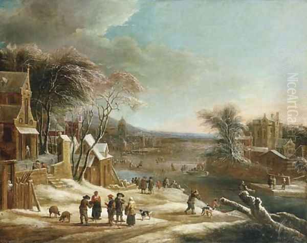A winter landscape with villagers conversing on a path - view 1