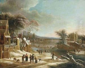 A winter landscape with villagers conversing on a path