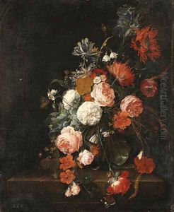 Roses, Poppies, Ears of Corn and other Flowers in a glass Vase, with Snails, a Moth, a Spider and a Butterfly on a stone Ledge