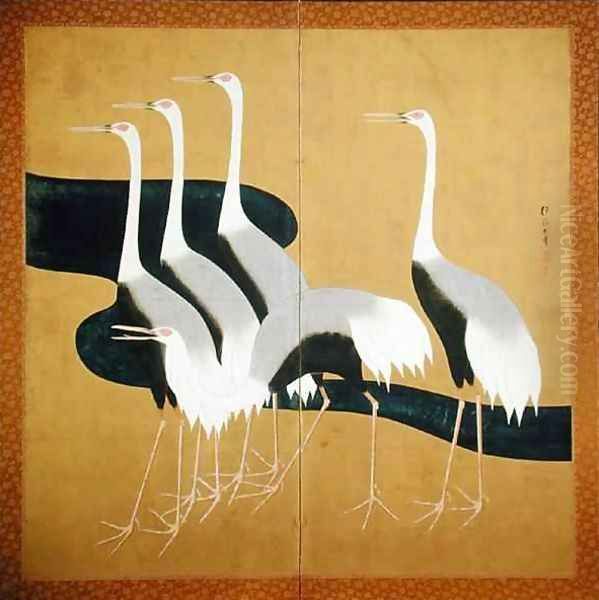 Two panel folding screen depicting cranes - view 1