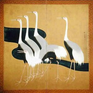 Two panel folding screen depicting cranes
