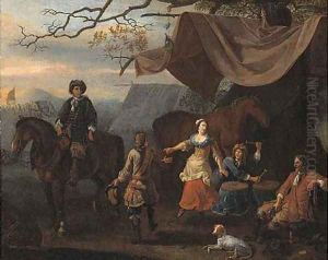 A military encampment with merrymakers at a tent