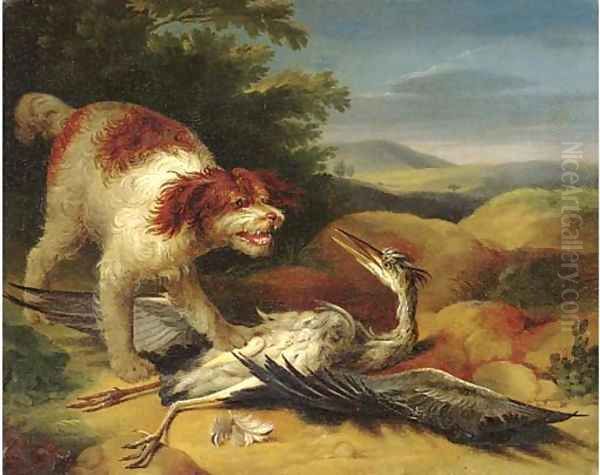 A hound chasing a heron, in a mountainous landscape - view 1