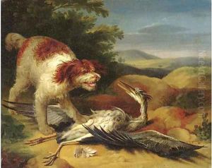 A hound chasing a heron, in a mountainous landscape