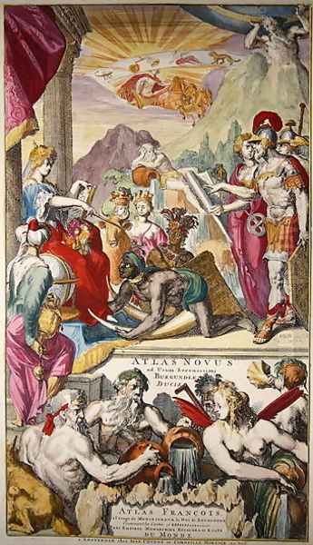 Title page of Atlas Novus ad usum Serenissimi Burgundiae Ducis depicting Europa receiving tribute from the peoples of Asia Africa and America - view 1