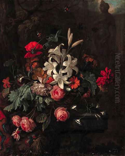 Roses, lilies, a poppy, morning glory and other flowers in a basket on on a ledge partly draped with a carpet - view 1