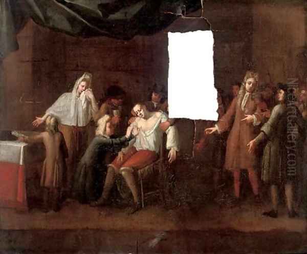 An interior with a doctor operating on a patient - view 1