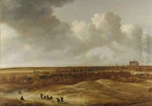 A panoramic landsape with Haarlem and the river Spaarne in the distance by Jan The Younger Vermeer Van Haarlem