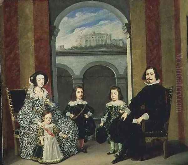 Francesco Tapia Conte del Vasto with his Family seated in an interior of the Palazzo Tapia with a View of the Castello di Sant Elmo - view 1